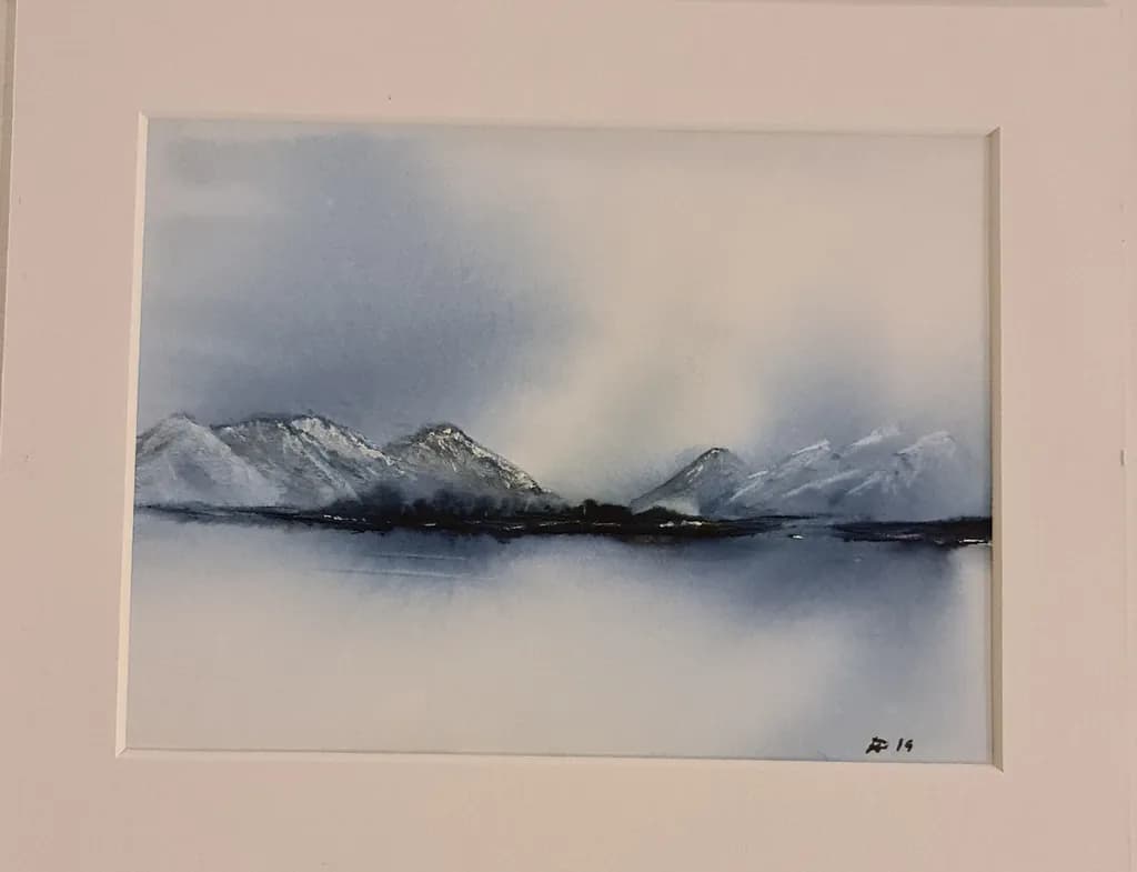 Serene Blue Mountains: A Tranquil Watercolor Landscape Experience