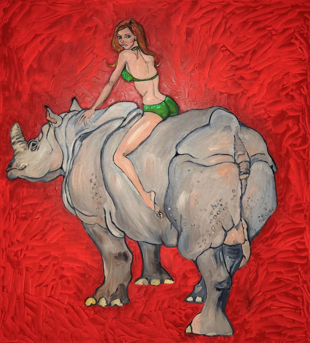 Rhino Ride: A Bold Fusion of Strength and Sensuality on a Vivid Red Canvas