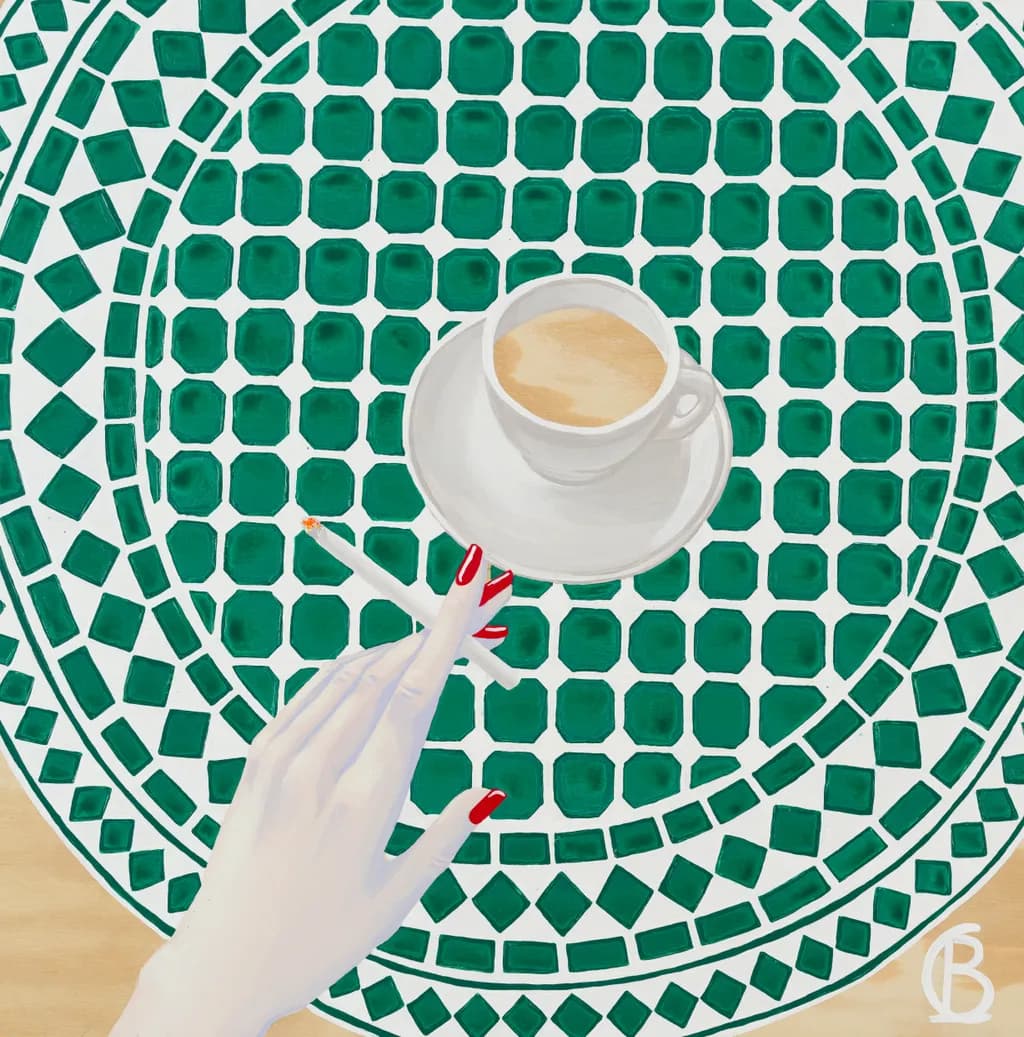Coffee, Cigarettes, and a Dash of Chic: A Relaxed Moment in Green Geometry