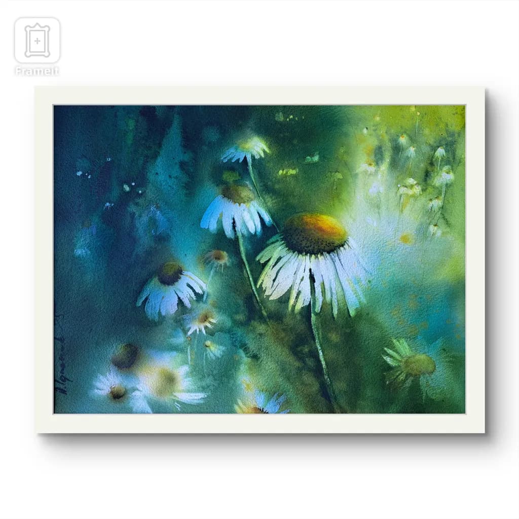 Whispers of Daisies: A Watercolour Dreamscape in Blue and Green