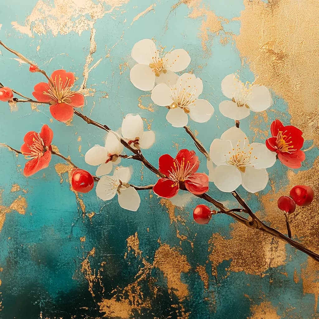 Blossoms of Serenity: A Vibrant Dance of Red and White Flowers Against a Golden Canvas