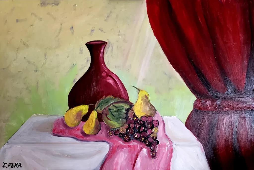 Vibrant Whispers: A Still Life of Fruit and Elegance Behind the Curtain
