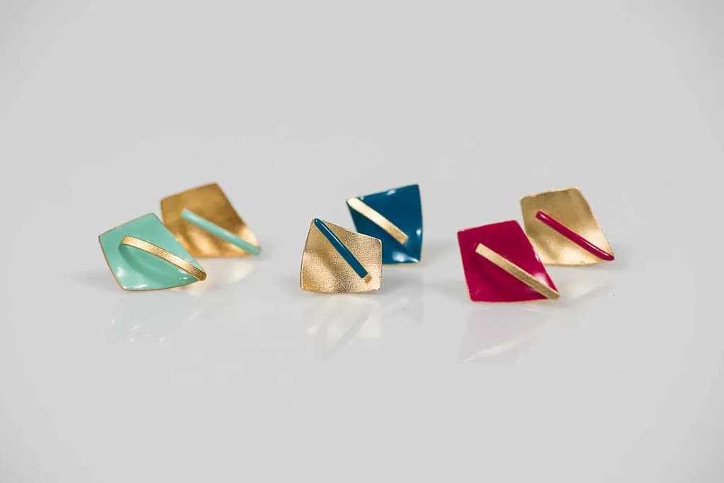 Geometric Elegance: Colorful Enamel and Gold Accent Earrings