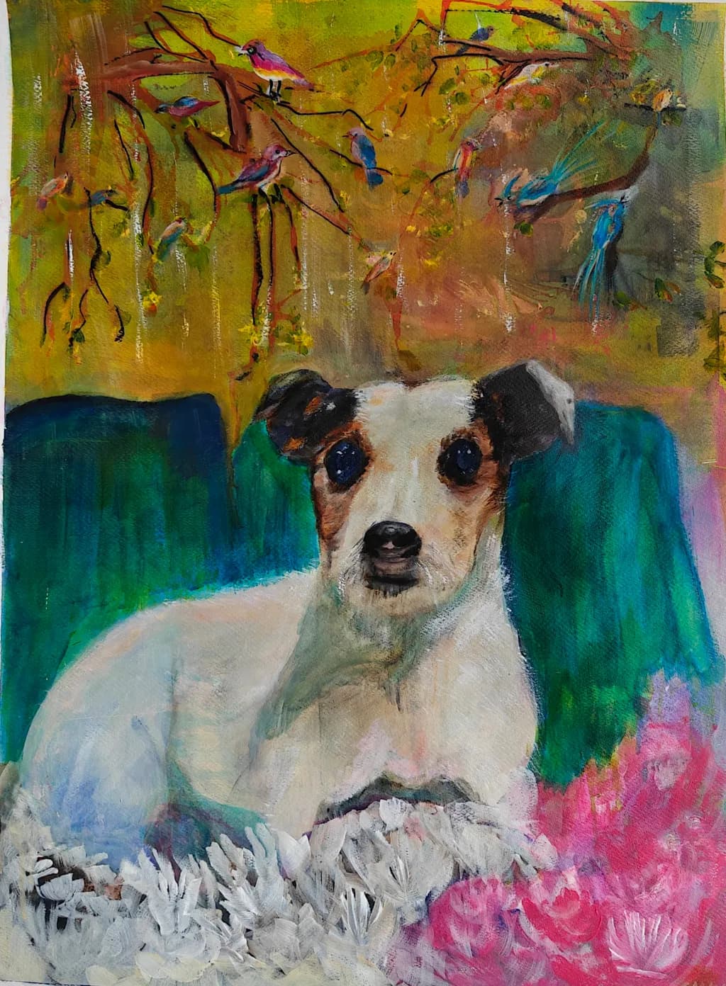 Whimsical Whiskers: A Playful Pup Amidst Blossoms and Birds