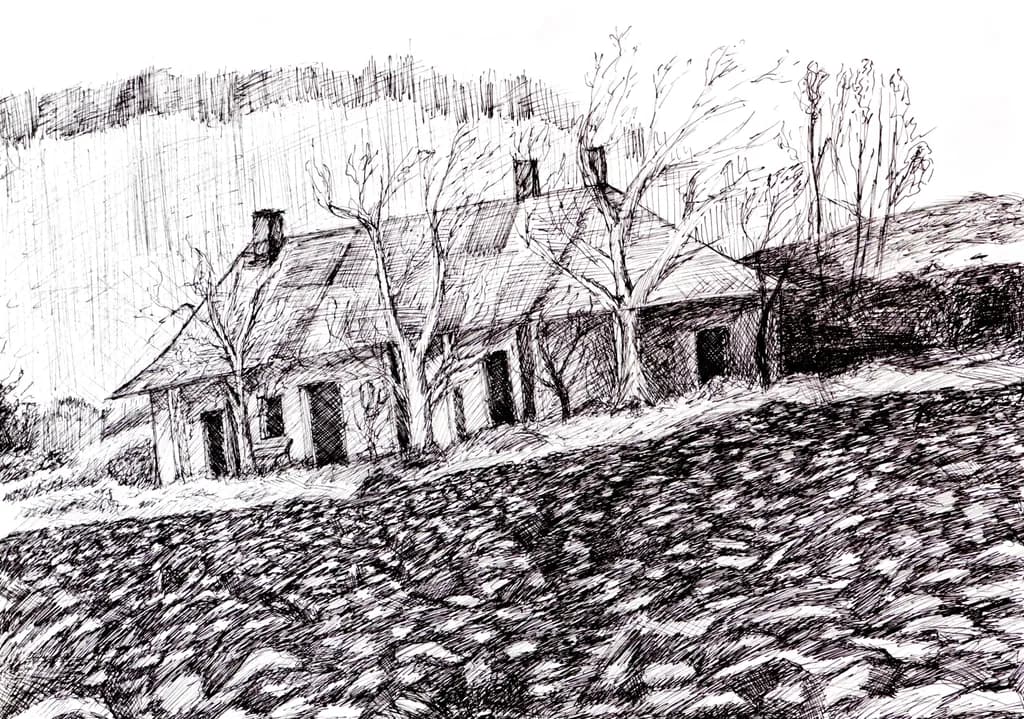 Whispers of the Rural Landscape: A Monochrome Sketch of Home and Nature