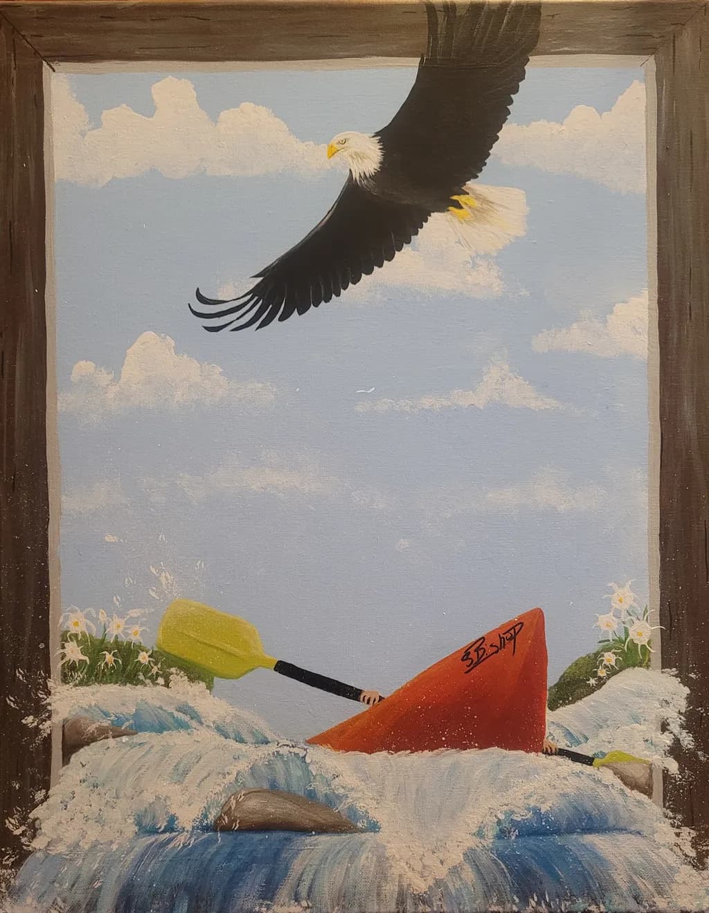 "Embracing Adventure: A Kayaker's Journey Beneath the Watchful Eagle"