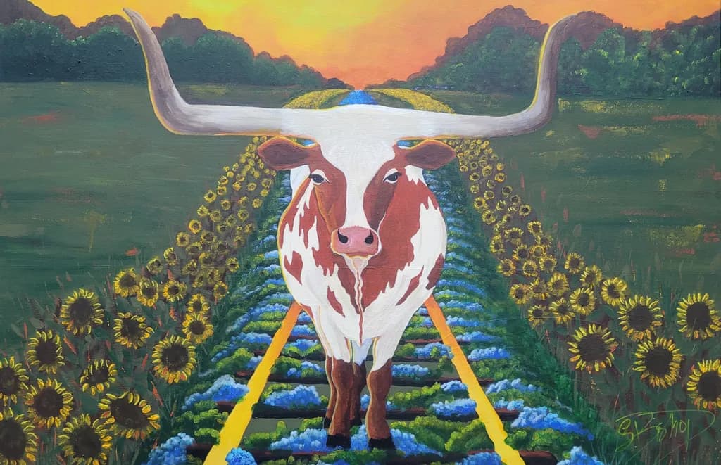 Majestic Longhorn: A Journey Through Sunflower Fields at Sunset