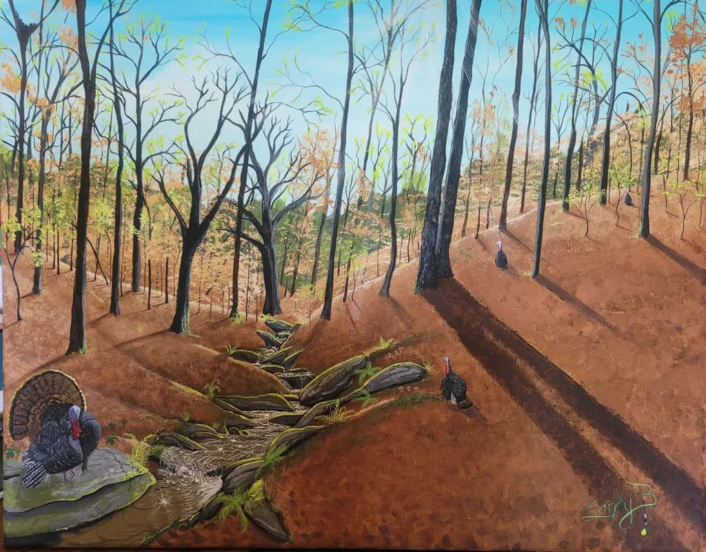 Autumn's Embrace: Turkeys in the Forest Stream Shadows