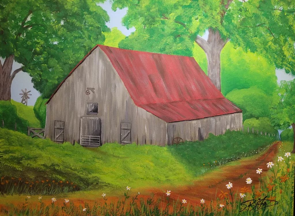 Whispers of the Countryside: A Serene Barn Landscape Amidst Lush Greenery