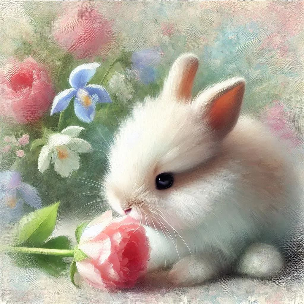 Whimsical Bunny Embracing a Blooming Rose in a Floral Dreamscape