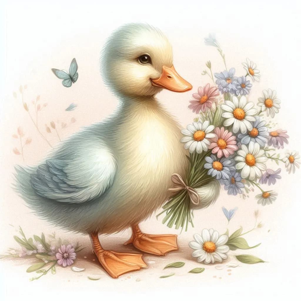 Charming Duckling with a Bouquet of Wildflowers: A Whimsical Nature Illustration