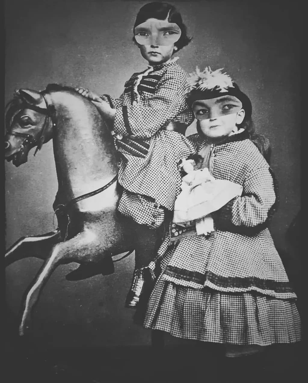 Whimsical Echoes of Childhood: A Surreal Portrait of Two Girls on a Toy Horse