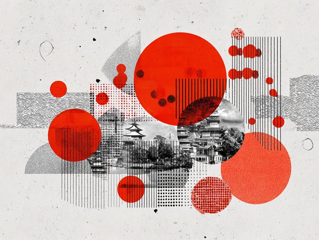 Urban Harmony: A Fusion of Tradition and Modernity in Bold Red and Black Shapes