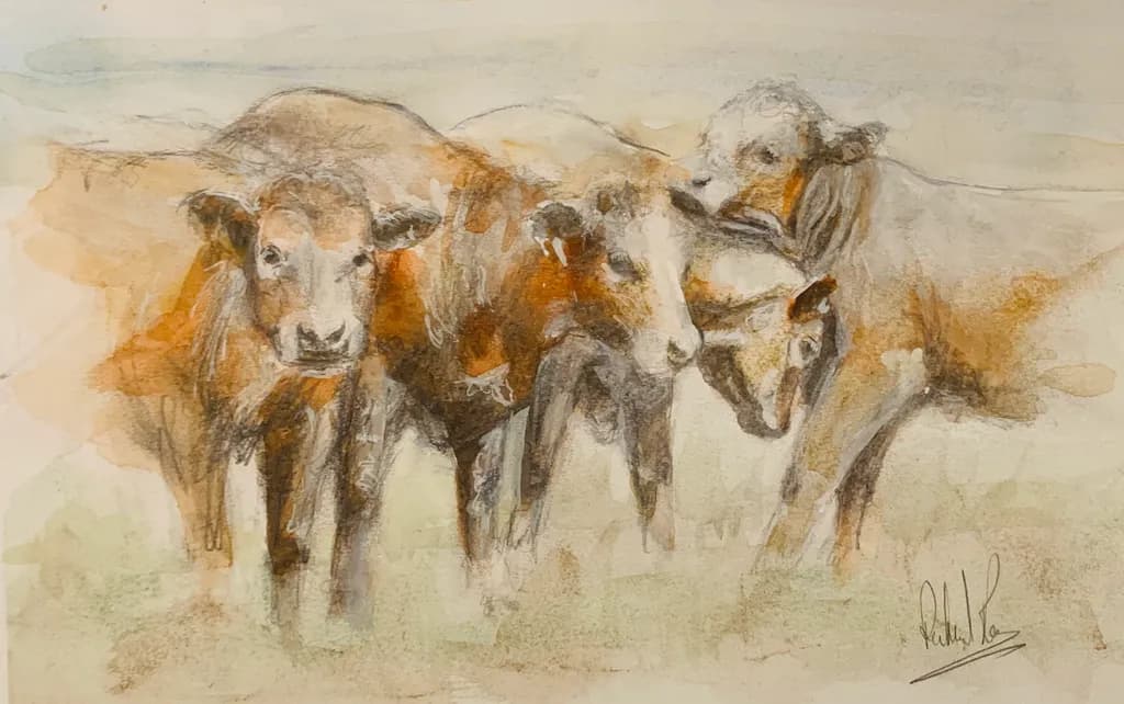 Whispers of the Past: A Gentle Gathering of Cattle in Watercolor Elegance