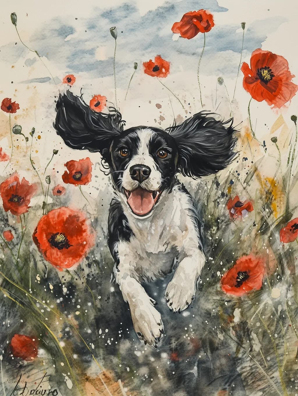 Joyful Paws: A Playful Dog in a Field of Poppies
