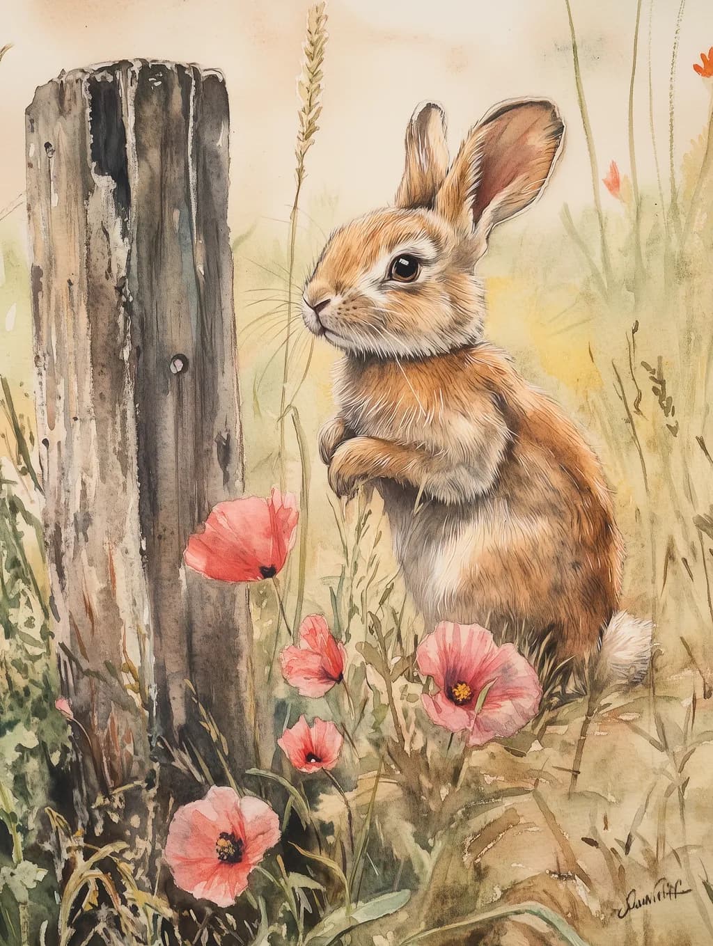 Whimsical Serenity: A Rabbit's Pause Amidst Wildflowers and Weathered Wood
