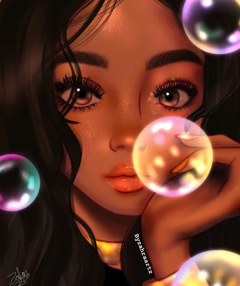 Whispers of Color: A Dreamy Portrait with Bubbles and Sparkle