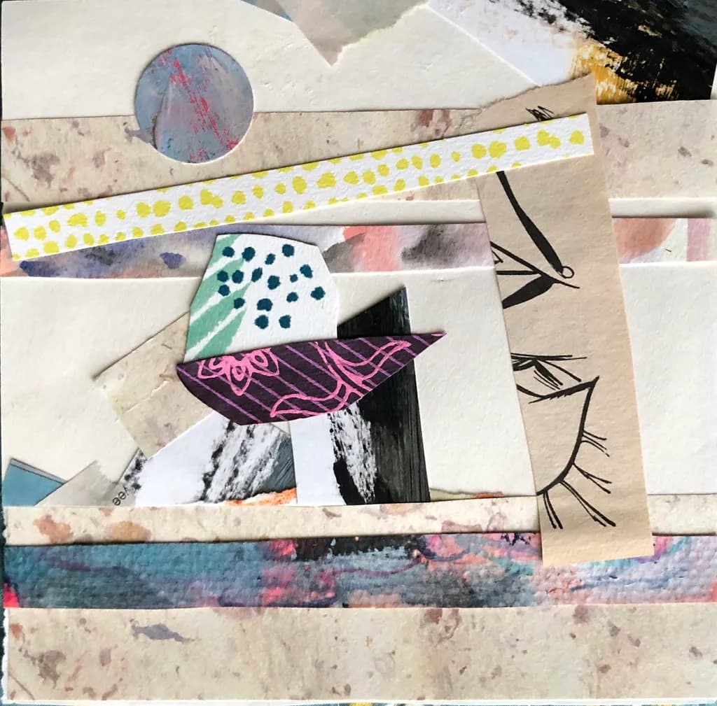 Whimsical Layers: A Playful Collage of Color and Form in Mixed Media Art