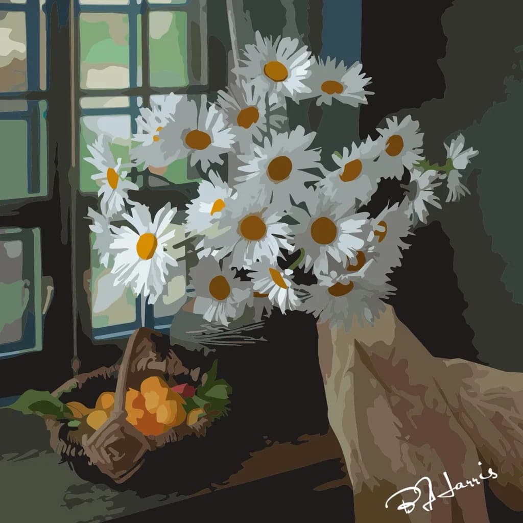 Whispers of Spring: A Daisies and Fruit Still Life in Natural Light