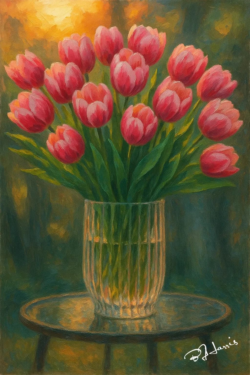 Blossoms of Serenity: A Vibrant Bouquet of Pink Tulips in Glass Elegance