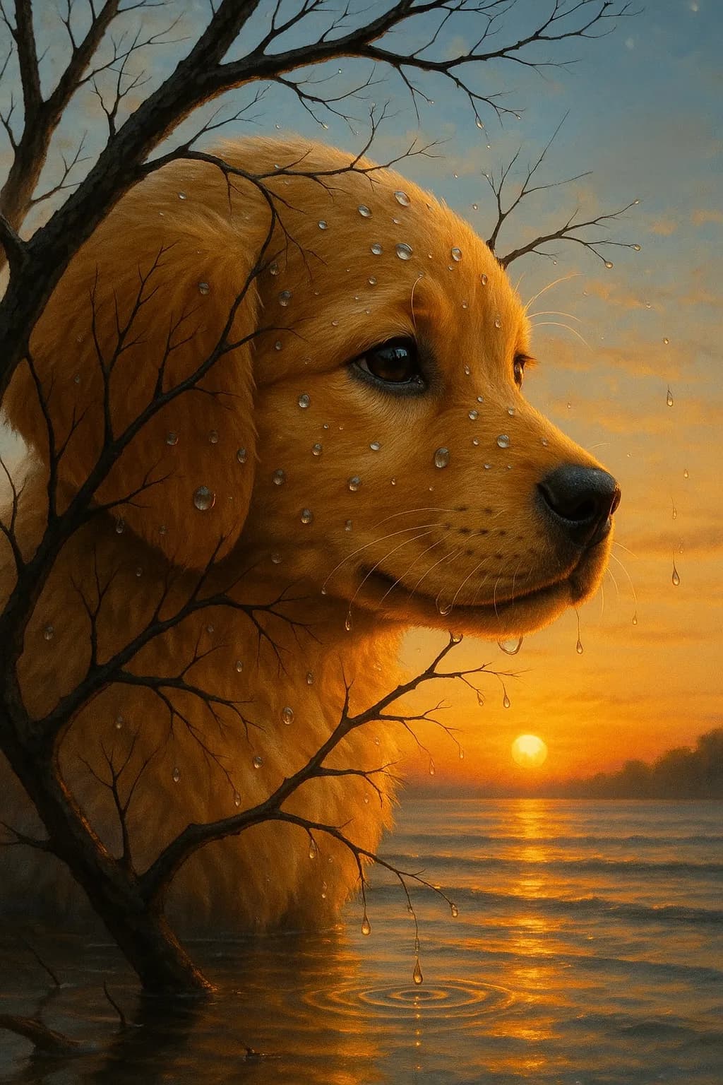 Golden Reflections: A Serene Sunset with a Gentle Canine Spirit