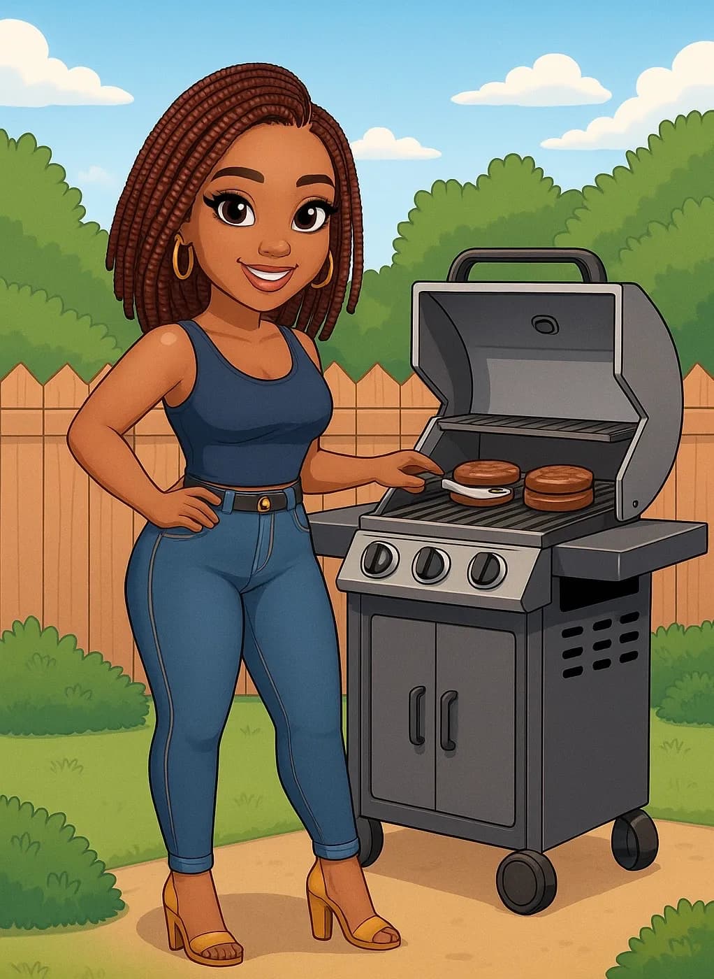 Sizzling Summer Vibes: A Joyful Barbecue Scene with a Confident Griller