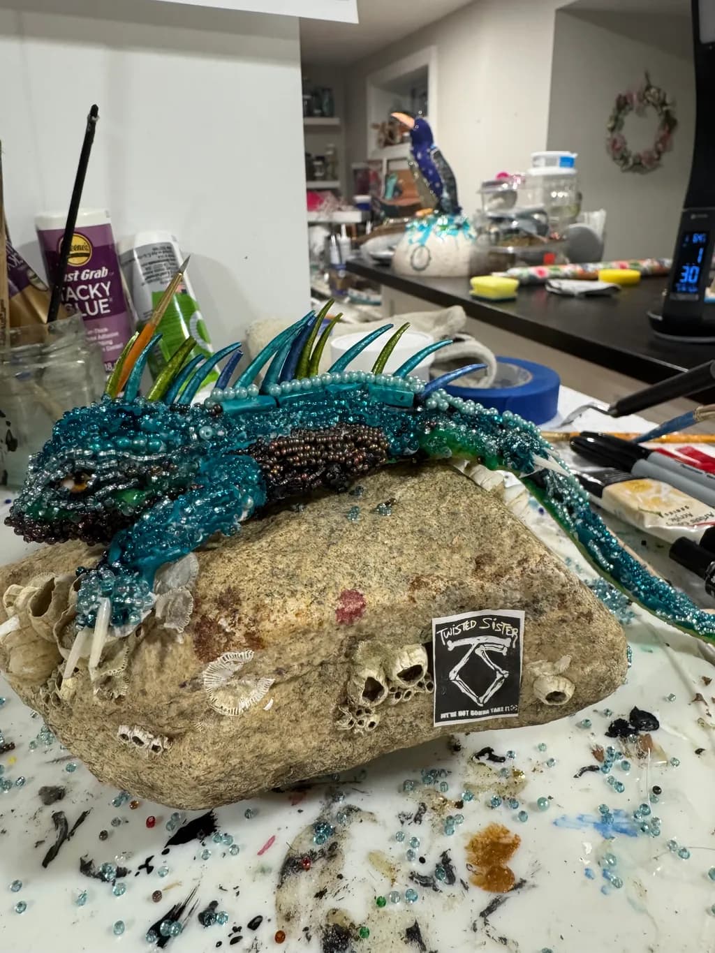 Bejeweled Dragon: A Stunning Mixed Media Sculpture on Natural Stone Base