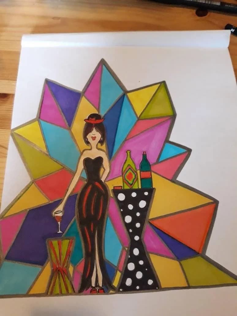 Chic Geometric Elegance: A Fashionable Evening with Colorful Cocktails and Style