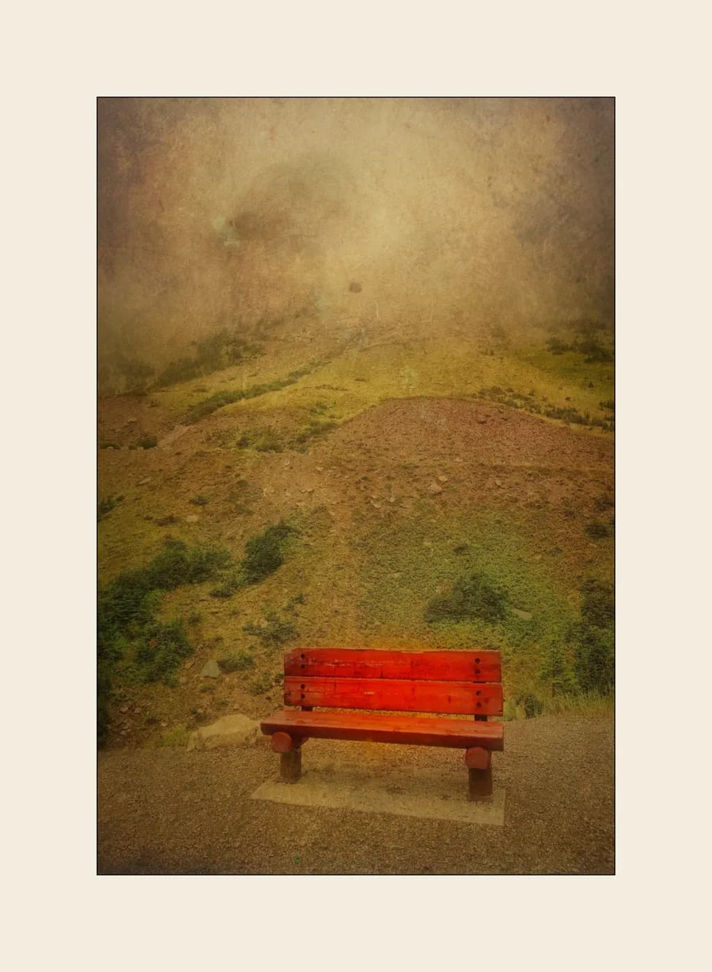 Whispers of Solitude: A Rustic Red Bench Amidst Nature's Embrace