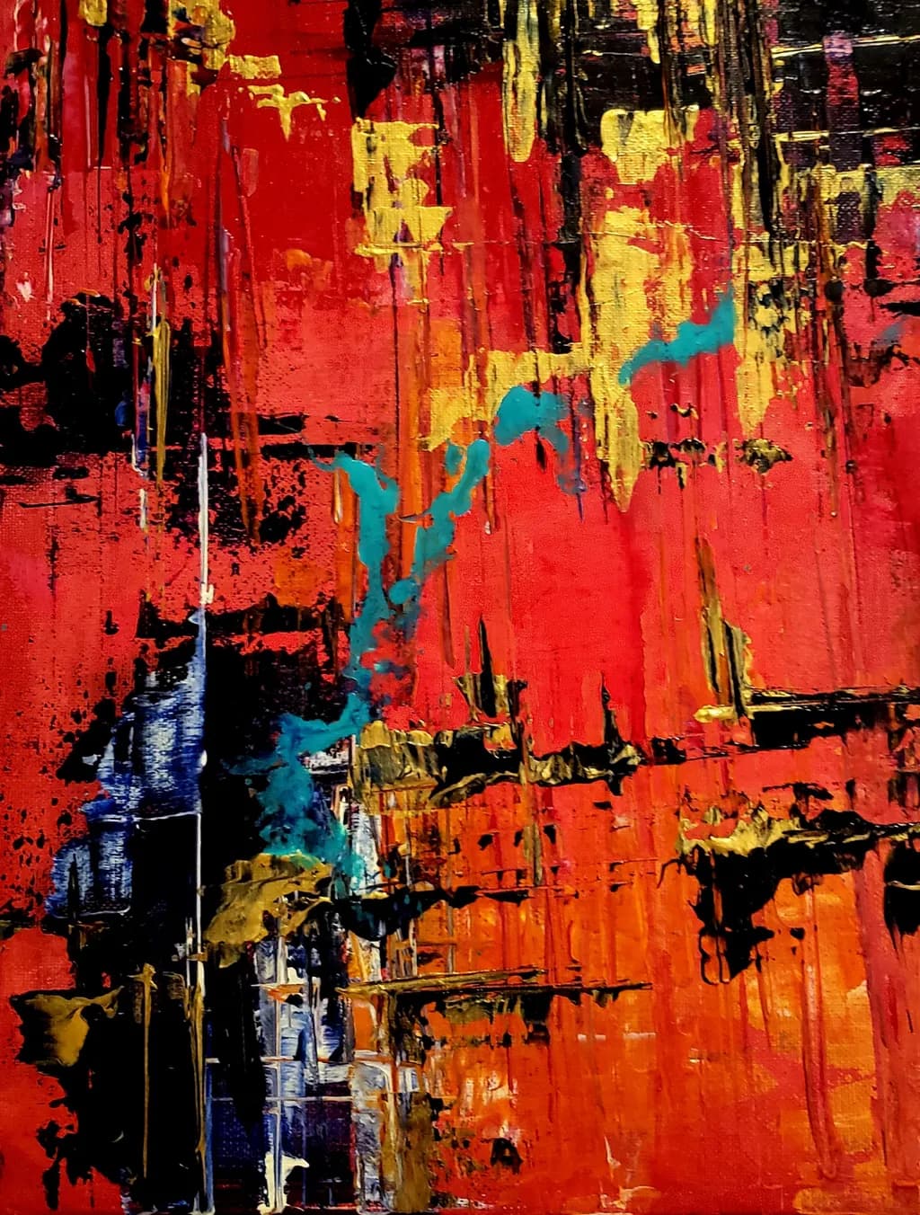 Vibrant Chaos: A Dance of Red, Gold, and Turquoise in Abstract Expressionism
