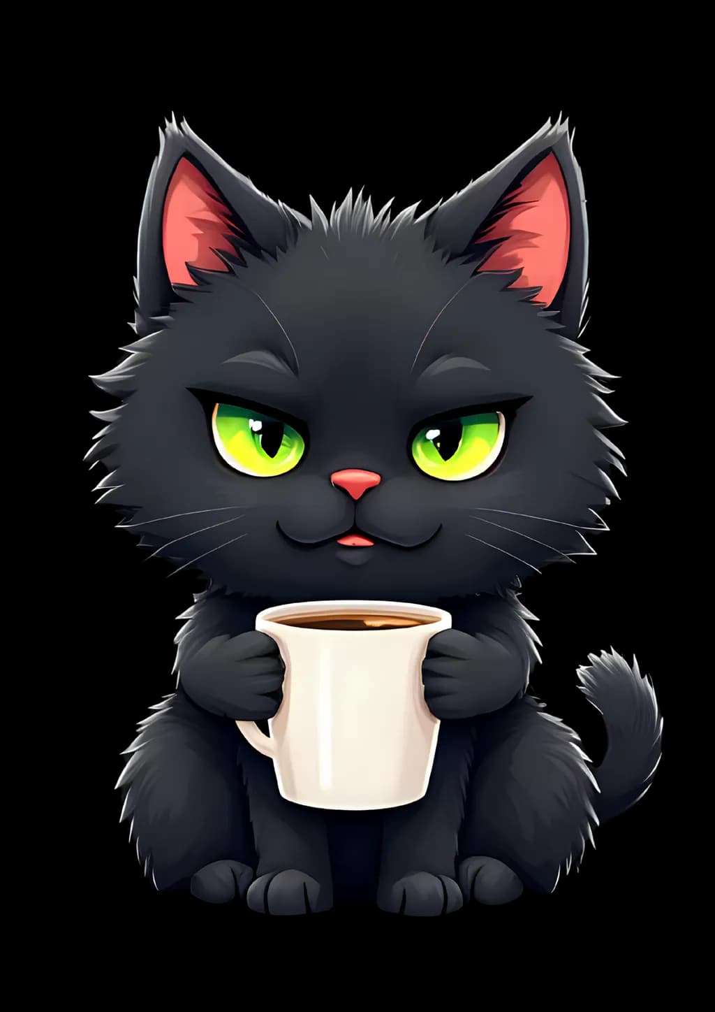 Whimsical Black Cat with Coffee: A Playful Cartoon Delight