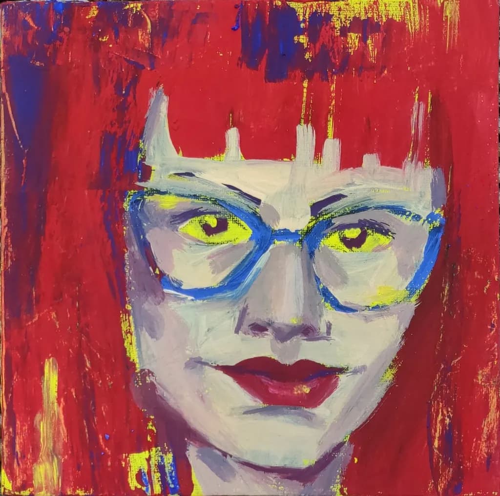 Vibrant Expression: A Bold Abstract Portrait of a Red-Haired Visionary with Glasses