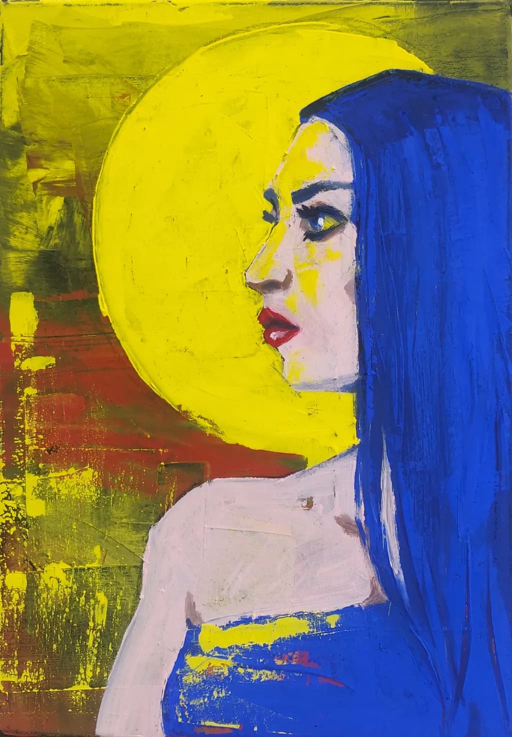 Vibrant Portrait of Expression: A Blue-Hued Muse Against a Golden Sun