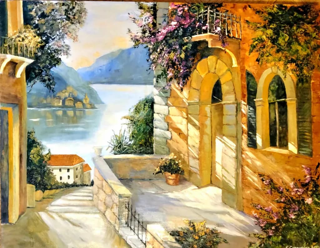 Serene Lakeside Escape: A Vibrant Journey Through Sunlit Streets and Blossoming Balconies