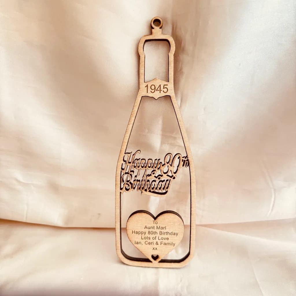 Celebrating 80 Years: A Personalized Wooden Champagne Bottle Keepsake for Aunt Marl's Birthday