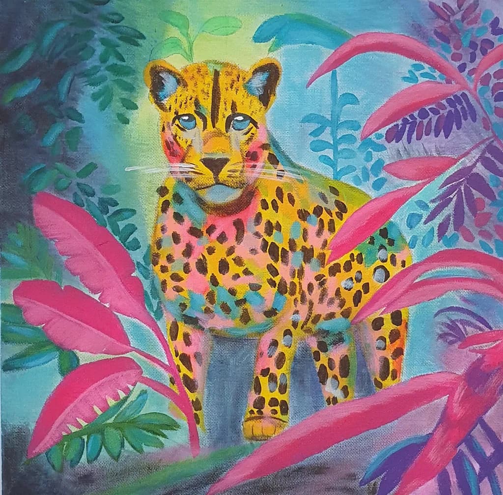 Vibrant Jungle Majesty: A Colorful Leopard Amidst Lush Flora