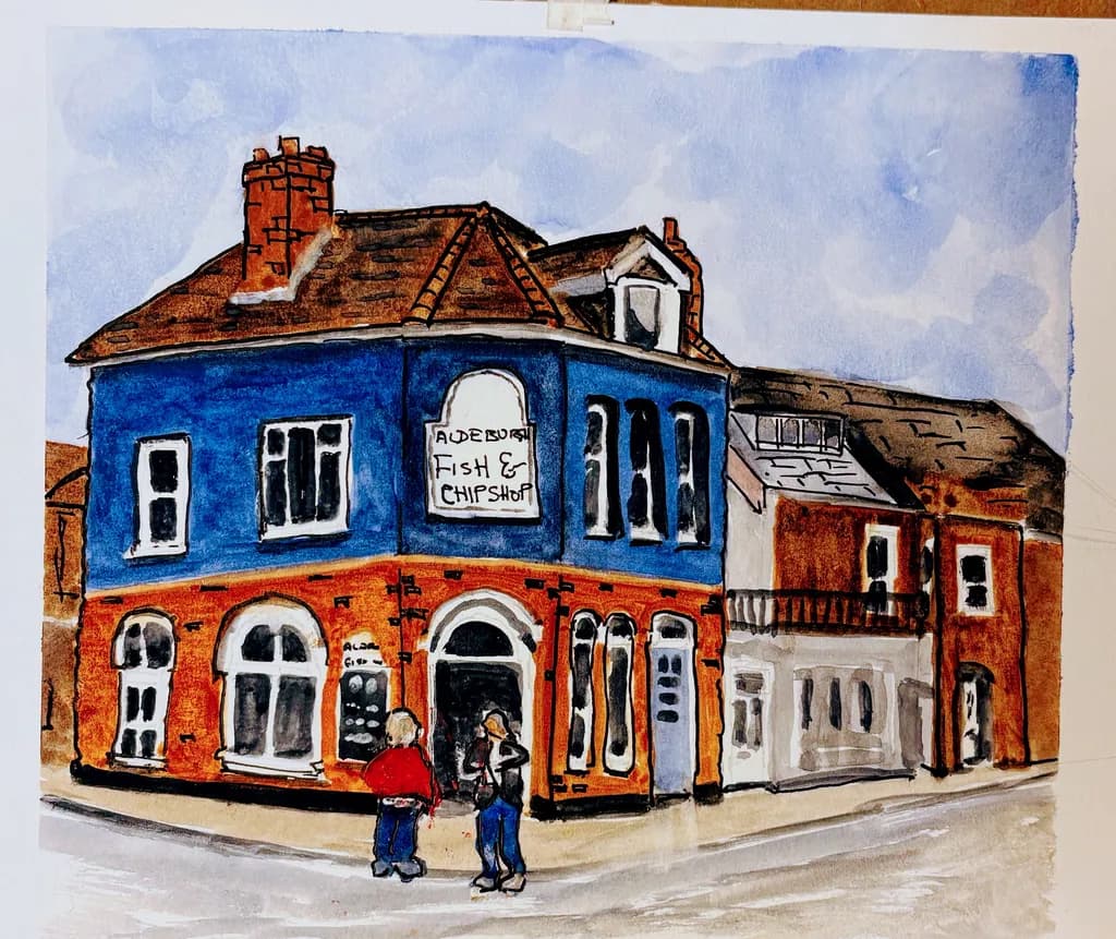 Colorful Streets: A Charming Fish and Chip Shop Illustration