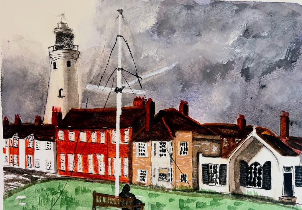 Whispers of the Coast: A Serene Landscape with Lighthouse and Bench Under Cloudy Skies