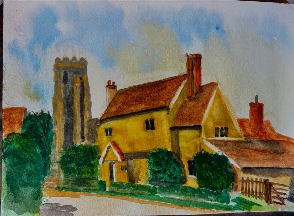 Whispers of Serenity: A Watercolor Landscape of a Charming Cottage and Church