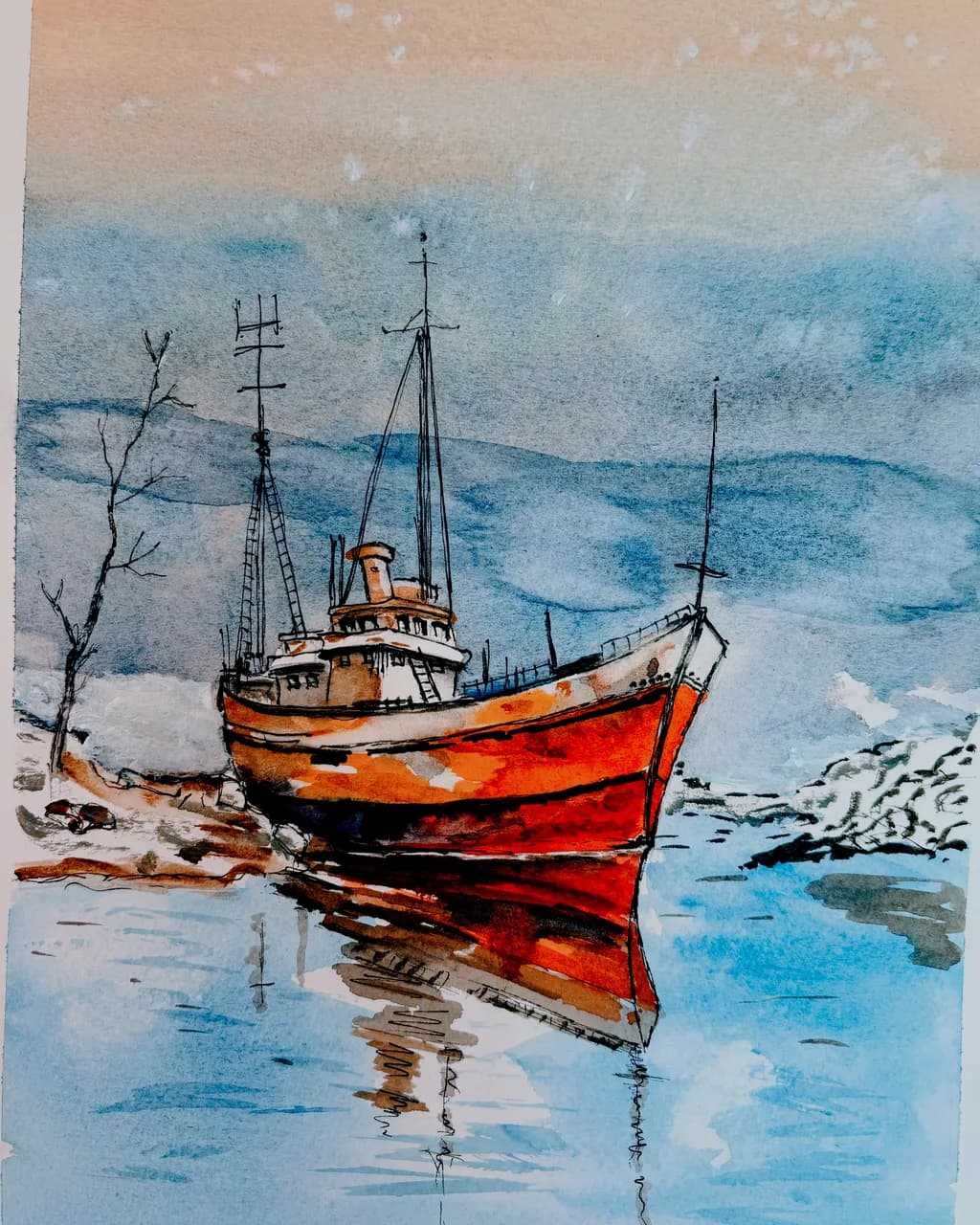 Serenity at Dusk: A Watercolor Journey of a Rustic Fishing Boat