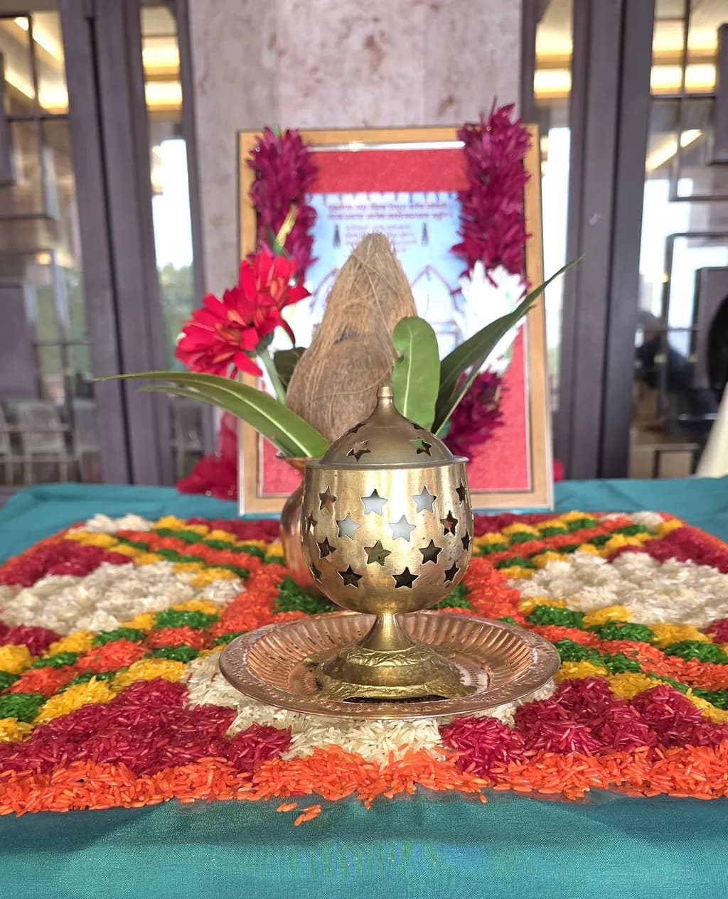 Radiant Harmony: A Golden Incense Holder Amidst Vibrant Festive Colors