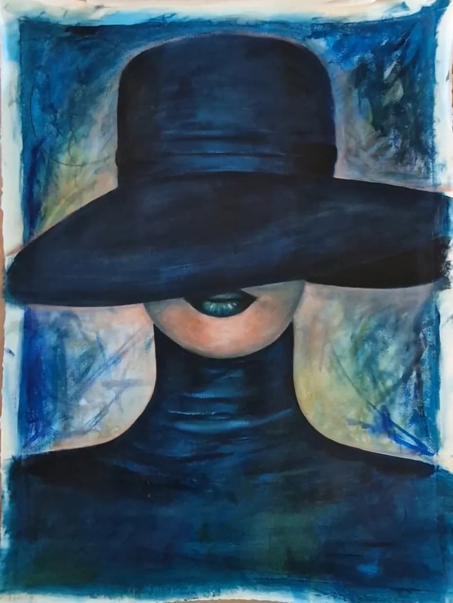 Mysterious Elegance: An Abstract Portrait in Deep Blue with a Stylish Hat