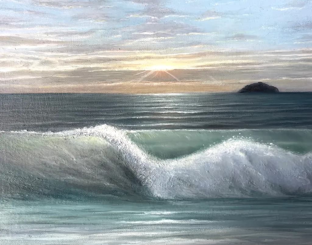 Serenity at Sunset: A Tranquil Ocean Wave Landscape Painting