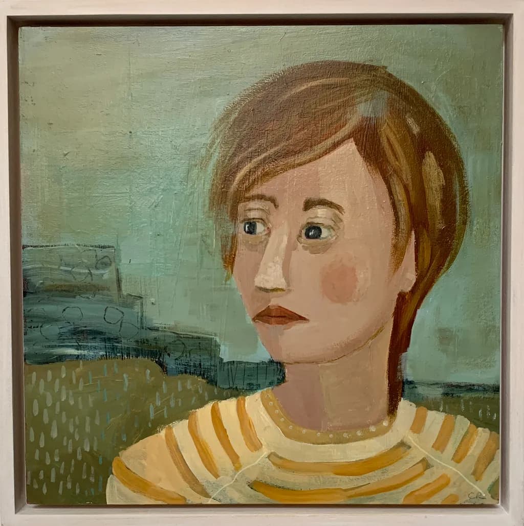 Whispers of the Coast: A Reflective Portrait in Soft Hues and Nostalgic Stripes