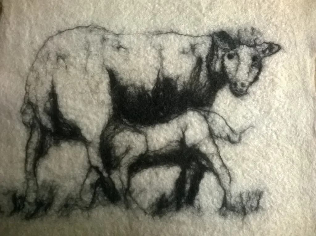 Tender Moments: A Calf's Embrace with Its Mother in Textured Artistry