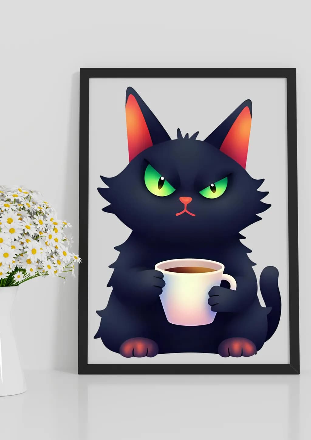 Whimsical Midnight Brew: A Playful Black Cat with Coffee