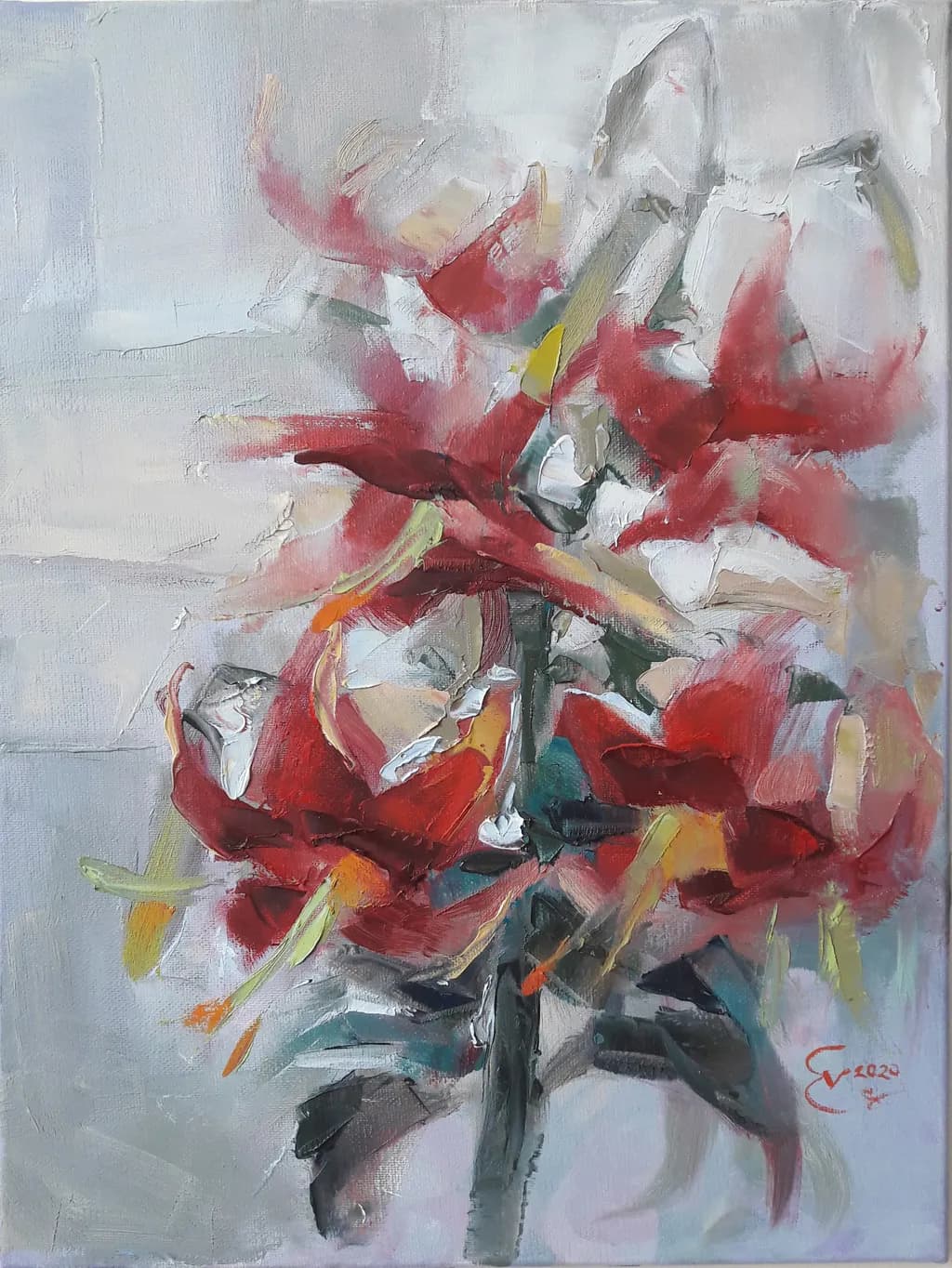 Vibrant Whispers: A Dance of Red Lilies in Abstract Harmony