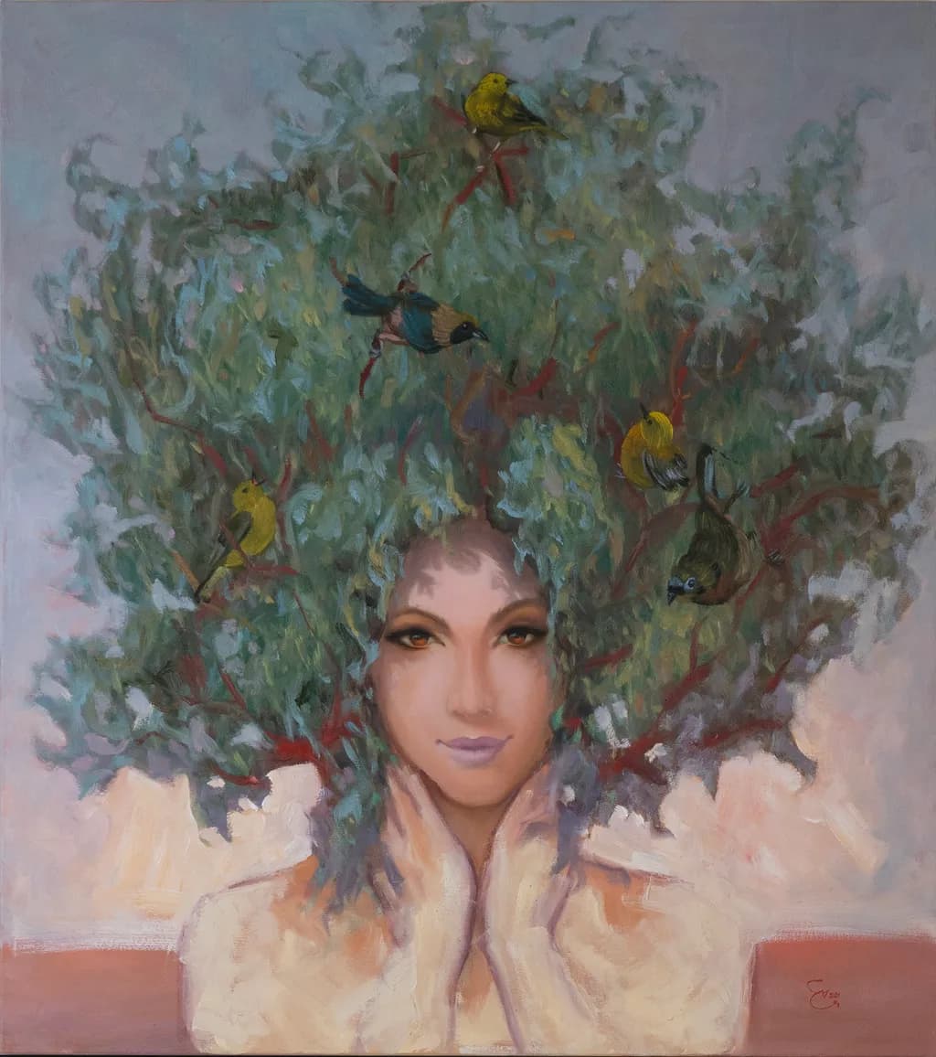 Whispers of Nature: A Portrait of Harmony with Birds and Foliage
