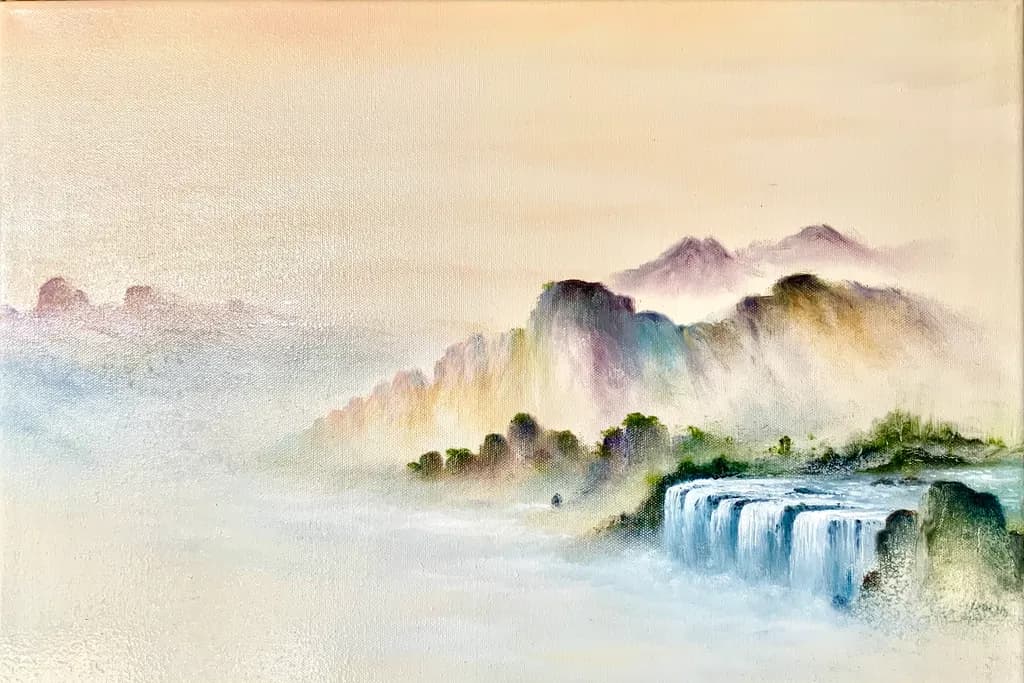 Whispers of Serenity: Ethereal Waterfall Landscape at Dawn