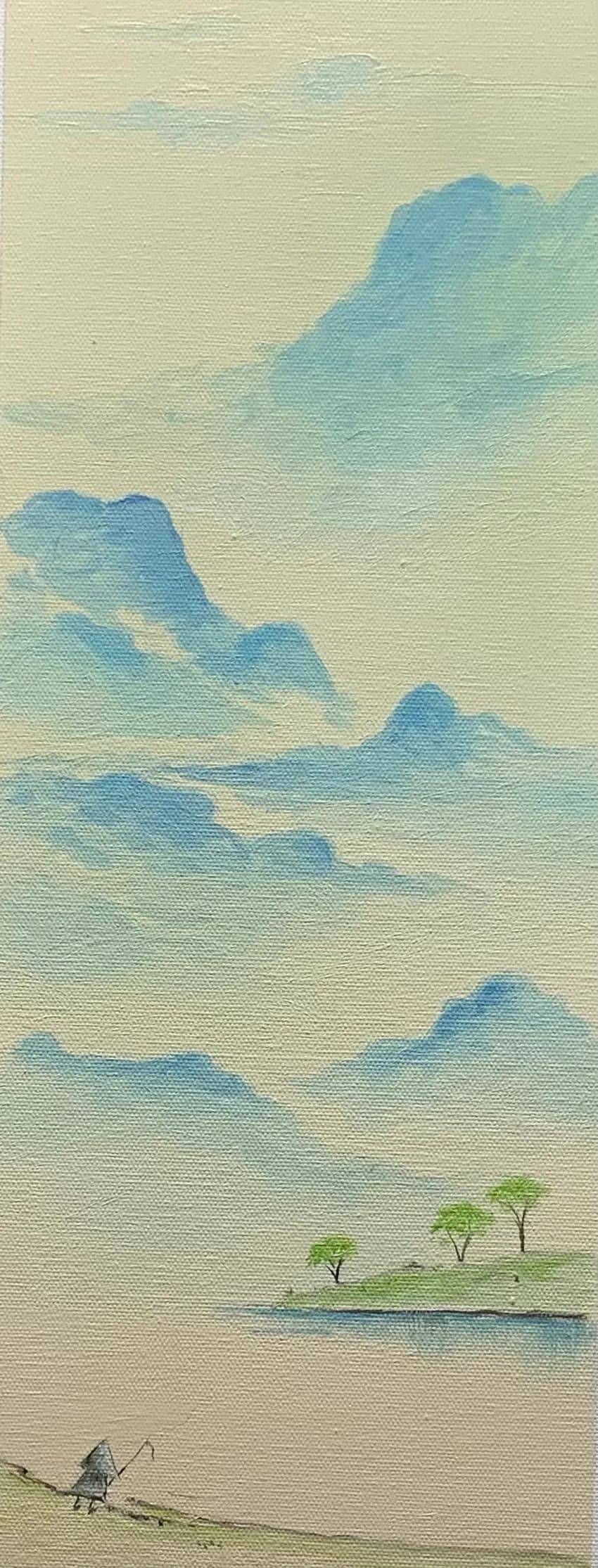 Whispers of Serenity: A Tranquil Fishing Scene Under Soft Blue Skies
